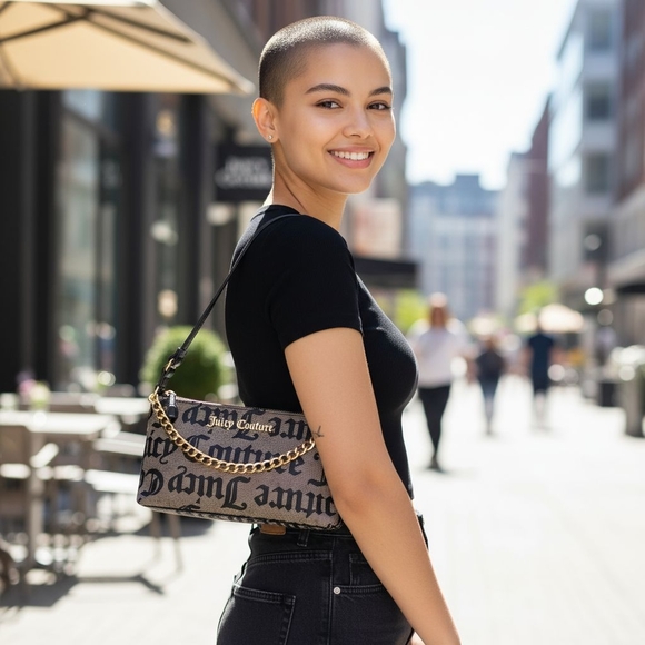 Juicy Couture Signature Black Monogram Pochette And matching Heart Wristlet - Picture 1 of 4